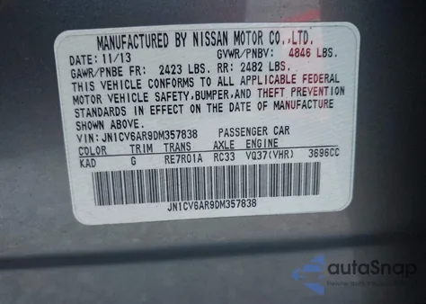 2013 Infiniti G37X из США, поврежденный, VIN JN1CV6AR9DM357838